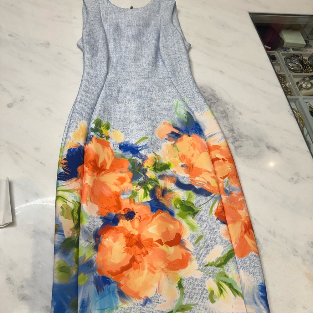 Calvin Klein Light Blue Sheath Dress with Coral Floral Hem. Worn once - Picture 2 of 4